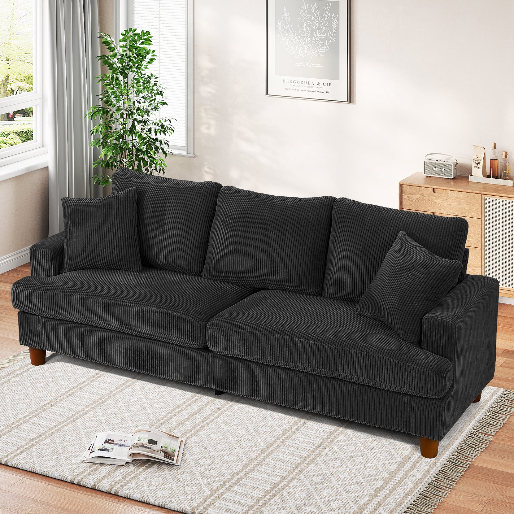 87" Corduroy Sofa,3 Seater Sofa with Extra Deep Seats,Neche Comfy Upholstered Couch for Living Room,2 Pillows,Black