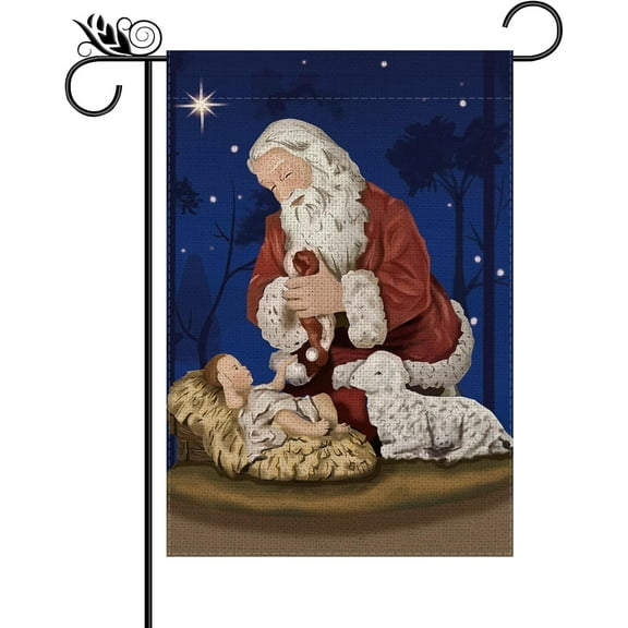 Christmas Garden Flag Christ Holy Night Santa Jesus Religious Double Sided Flags For Outside Burlap Vertical Nativity Scene Xmas Winter Holiday Decorations Yard Lawn Outdoor Decor