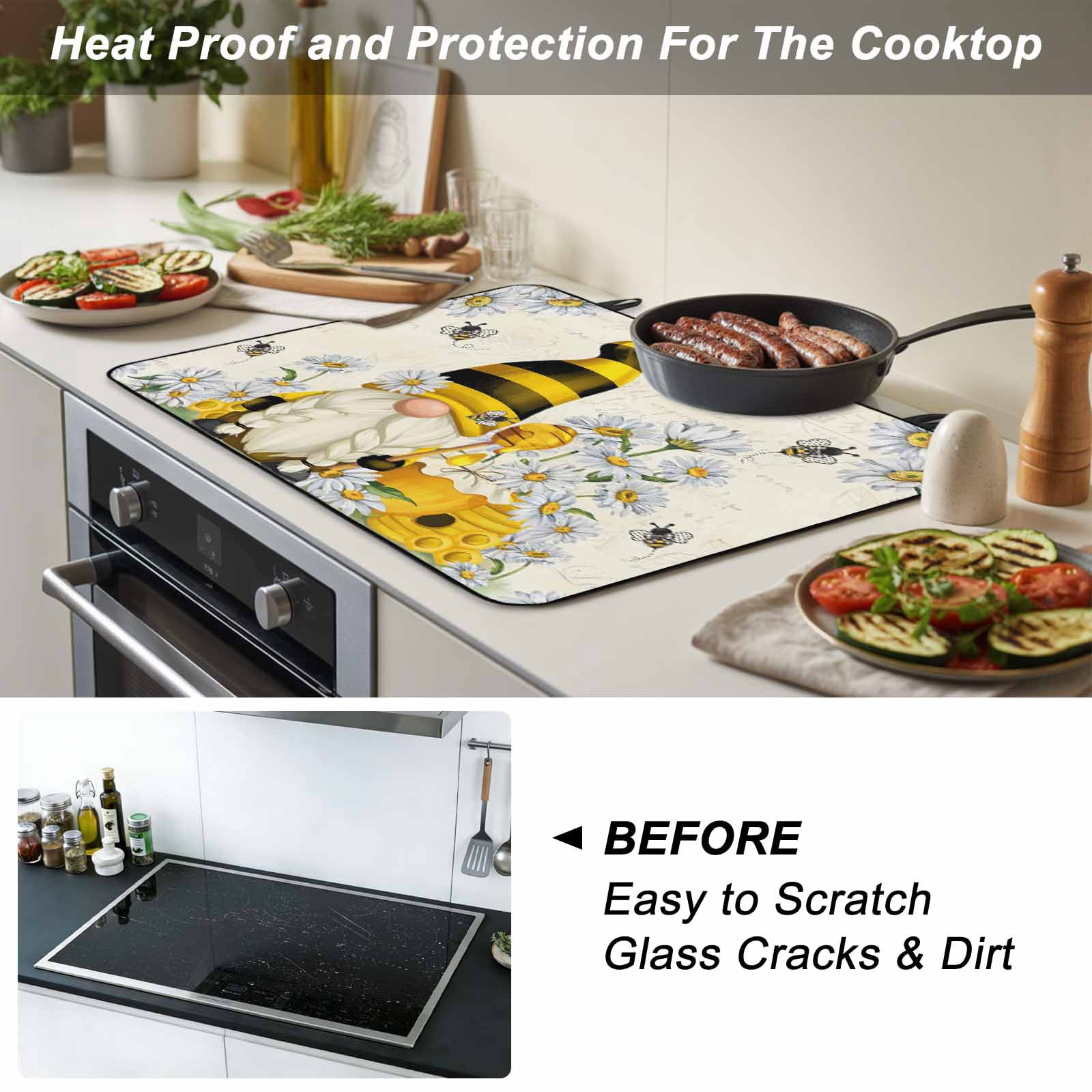 Daisy Floral Stove Top Cover for Electric Stove, Heat-proof & Non Slip Glass Top Stove Cover Protector, Vintage Rustic Bee Gnomes Flowers Kitchen Flat Cooktop Rubber Mat 24x21 Inches
