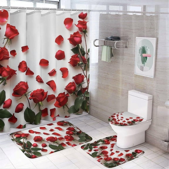 Modern Rose Shower Curtain Sets with Toilet Lid Cover and Rugs, Natural Red Floral Romantic Bathroom Decor Set with Rug U Shape Mat, Waterproof Shower Curtain with 12 Hook 4Pcs