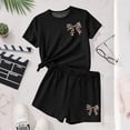 thumbnail image 5 of Girls 2 Piece Outfits Leopard Print Bow Graphic Tee and Shorts Set Cotton Feel Loungewear Black,Size 11-12T, 5 of 6