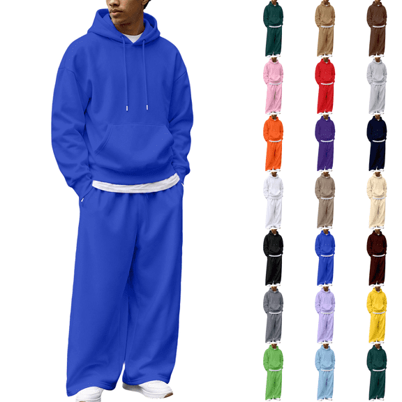 Sweat Suits Men 2 Piece Fleece Hoodies and Open Hem Sweatpants Workout Sets Royal Blue M