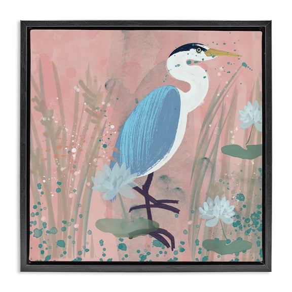 Stupell Industries Coastal Bird with Lotus Flowers Animals & Insects Painting Black Floater Framed Canvas Art Print Wall Art, 18 x 18