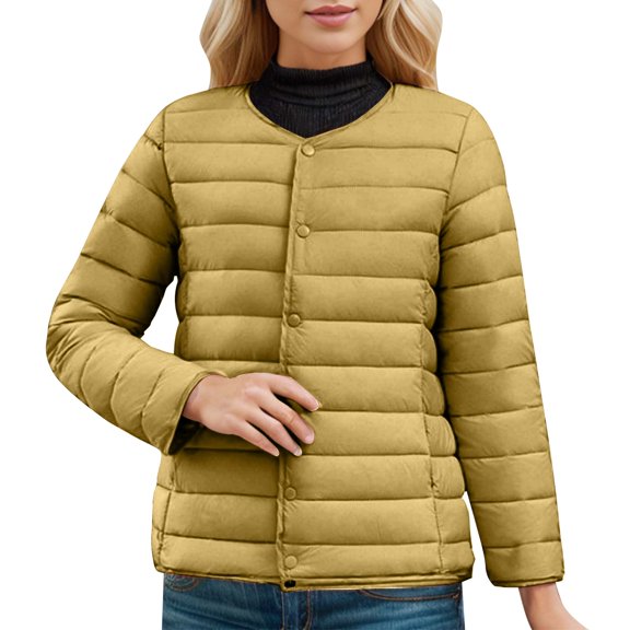 UJNDER Coats for Women Lightweight Packable Down Jacket Plus Size Casual Solid Color Warm Outerwear No Hood Yellow XXXL
