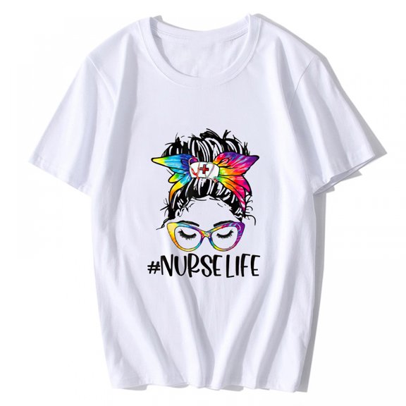 Women's T-shirt Nurse Life Messy Bun Tie Dye Glasses Bandana Vintage Casual Short-sleeved O-neck Top White 3X-Large