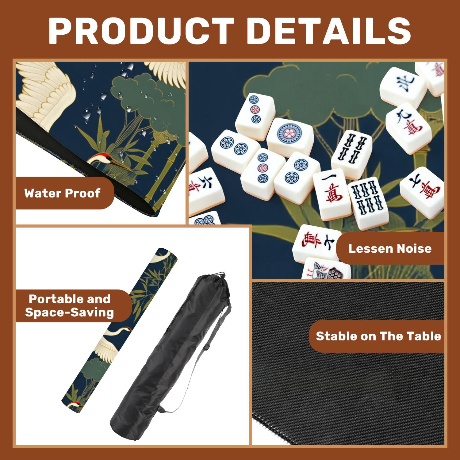 Mahjong Mat 31.5" x 31.5" Cranes Bamboo Forest Elegant Japanese Style Non-Slip Noise Reduction American Mahjong Tiles Table Cover for Dominoes Poker Card Board Games Gift