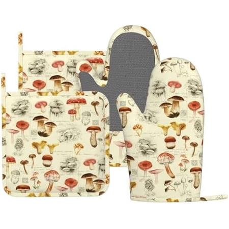 Mushroom Oven Mitts and Pot Holders Sets Silicone Vintage Mushrooms Kitchen Mitts Potholders Heat Resistant 4Pcs Oven Gloves Hot Pads for Kitchen Baking Cooking BBQ Grilling
