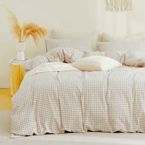 JOLUSERE 3-Piece Soft Breathable Gingham Duvet Cover King Set，Beige White Plaid Checkered Bedding Cover