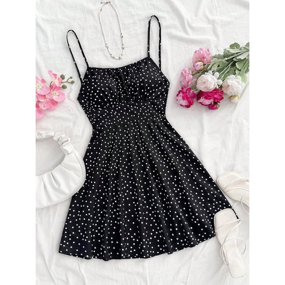 Black And White Polka Dot Spaghetti Strap A-Line Mini Dress For Women