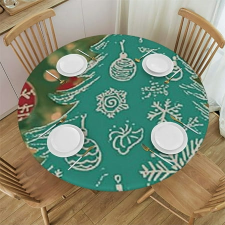 

Ullo0ord Fitted Round Tablecloth Christmas Trees white Xmas tree snowflakes turquoise Table cover Elastic Edged Table Cloth Fits Round Tables 31 -35