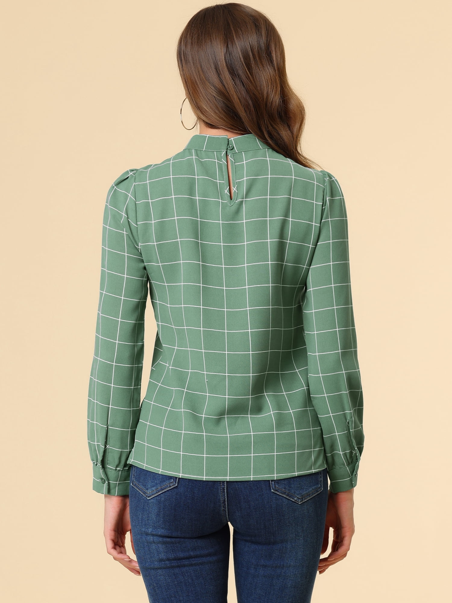 DARING DIVA Bow-Tie Neck Office Work Checks Shirt Top XL Green