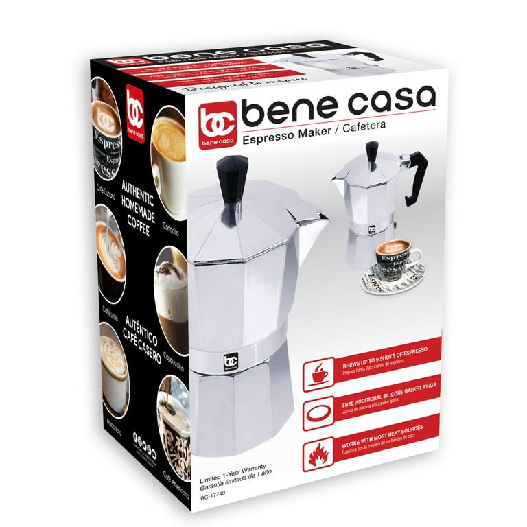 Bene Casa 9 cup aluminum espresso maker, stove top espresso maker, single  shot, dishwasher safe espresso maker with side pour spout 