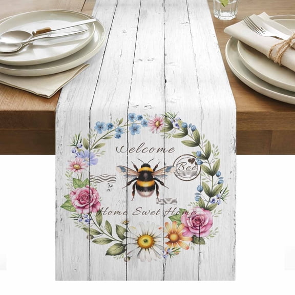 Spring Daisy Table Runner - 90 Inch Long, Kitchen Dining Table Runner Dresser Scarves, Pink Flowers Wreath Leaves Farmhouse White Wood Farmhouse Decor for Coffee Tables Wedding Party Banquet