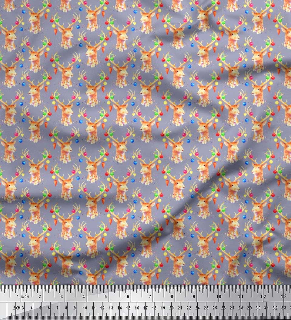 Soimoi Japan Crepe Satin Fabric Christmas Baubles & Reindeer Face Animal Print Sewing Fabric Yard 42 Inch Wide