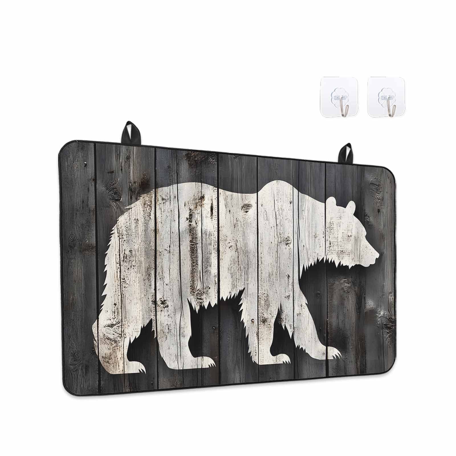 White Brown Bear Stove Top Cover for Electric Stove, Heat-proof & Non Slip Glass Top Stove Cover Protector, Farmhouse Country Rustic Wooden Grain Kitchen Flat Cooktop Rubber Mat 24x21 Inches