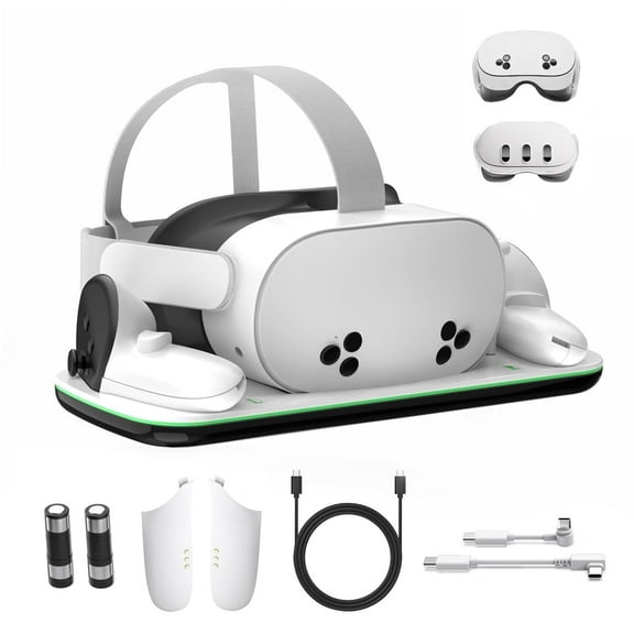 Rechale VR Charging Dock for Meta Quest 3/3S with LED Status Lights,Magnetic Charging Stand for VR Headset and Touch Controllers, with 2 Rechargeable 1850mAh Batteries/USB-C Charger Cable