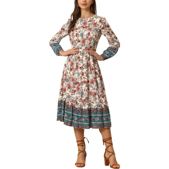 Vestidos Boho para Mujeres Inspire Chic, Floral, Cuello Redondo, Manga Larga, Vestido Midi de Verano, Albaricoque, XS