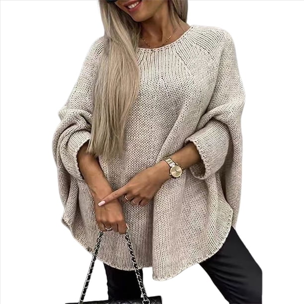 Suéter Elegante de Punto Tipo Capa para Mujer, Cuello Redondo, Larga, Holgado, Suéter de Punto Tipo Chal A . Albaricoque M