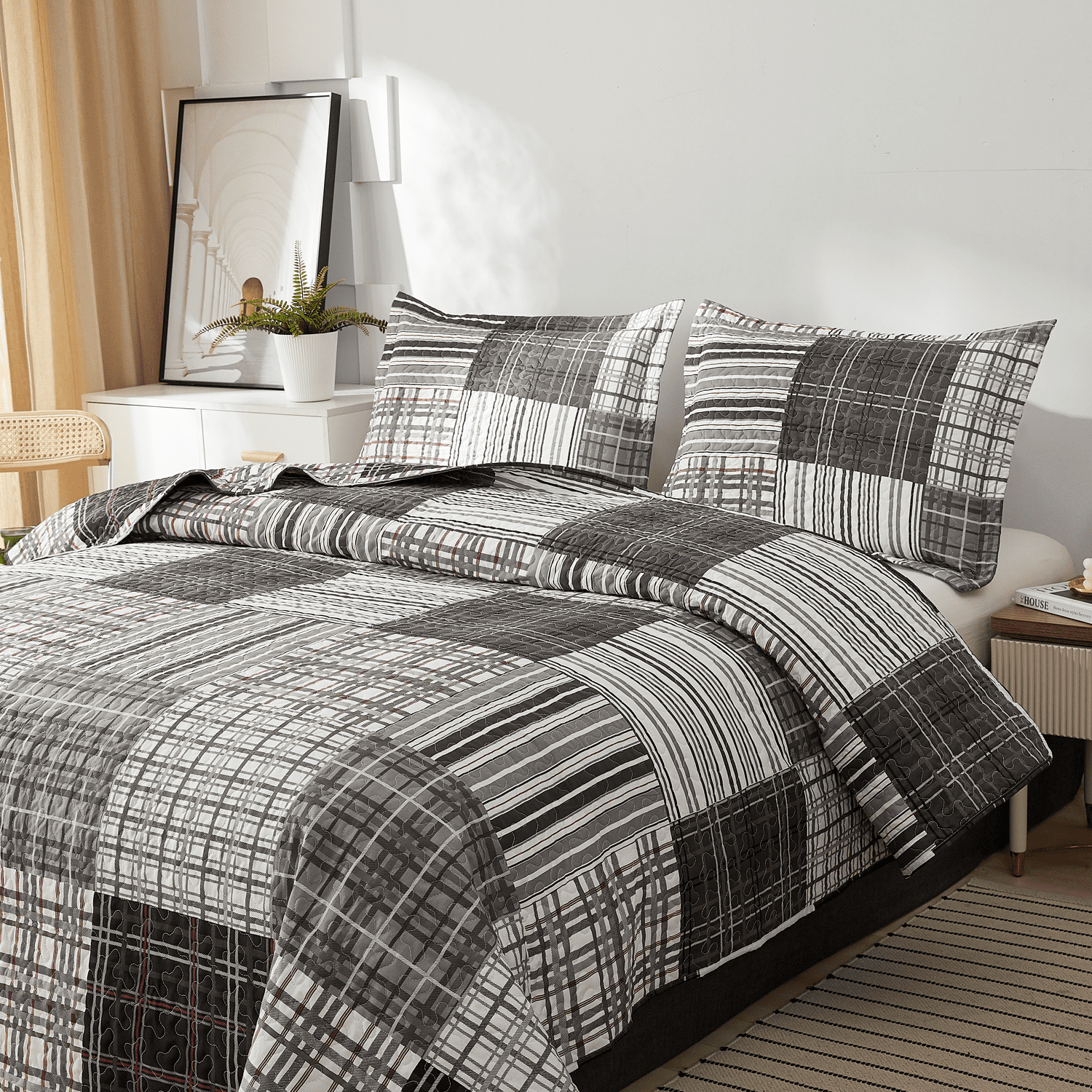 Green Essen 3 Pieces Solid Color Quilt Set Queen Size,Soft Microfiber Bedding Sets Lightweight Bedspread Reversible Coverlet Bed Cover(grid)