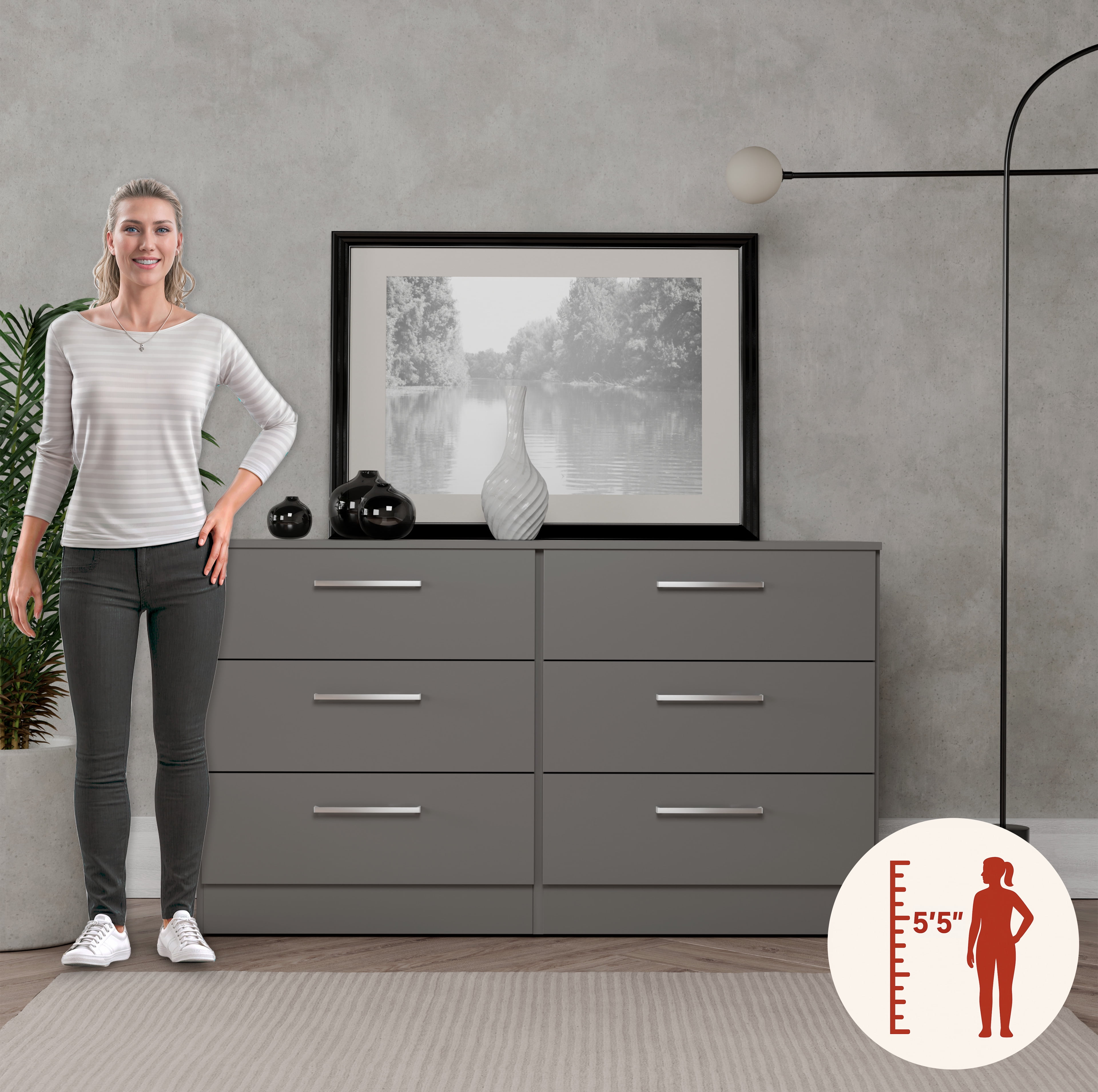 Kappesberg Foster Gray 3-Piece Bedroom Set – 6-Drawer Dresser and 2 Nightstands, 50.2"W - for Adults and Teens