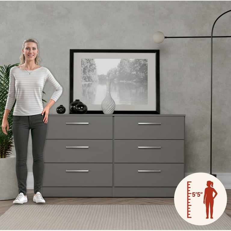 Kappesberg Jolyne 6-Drawer Horizontal Dresser, Modern Gray Bedroom