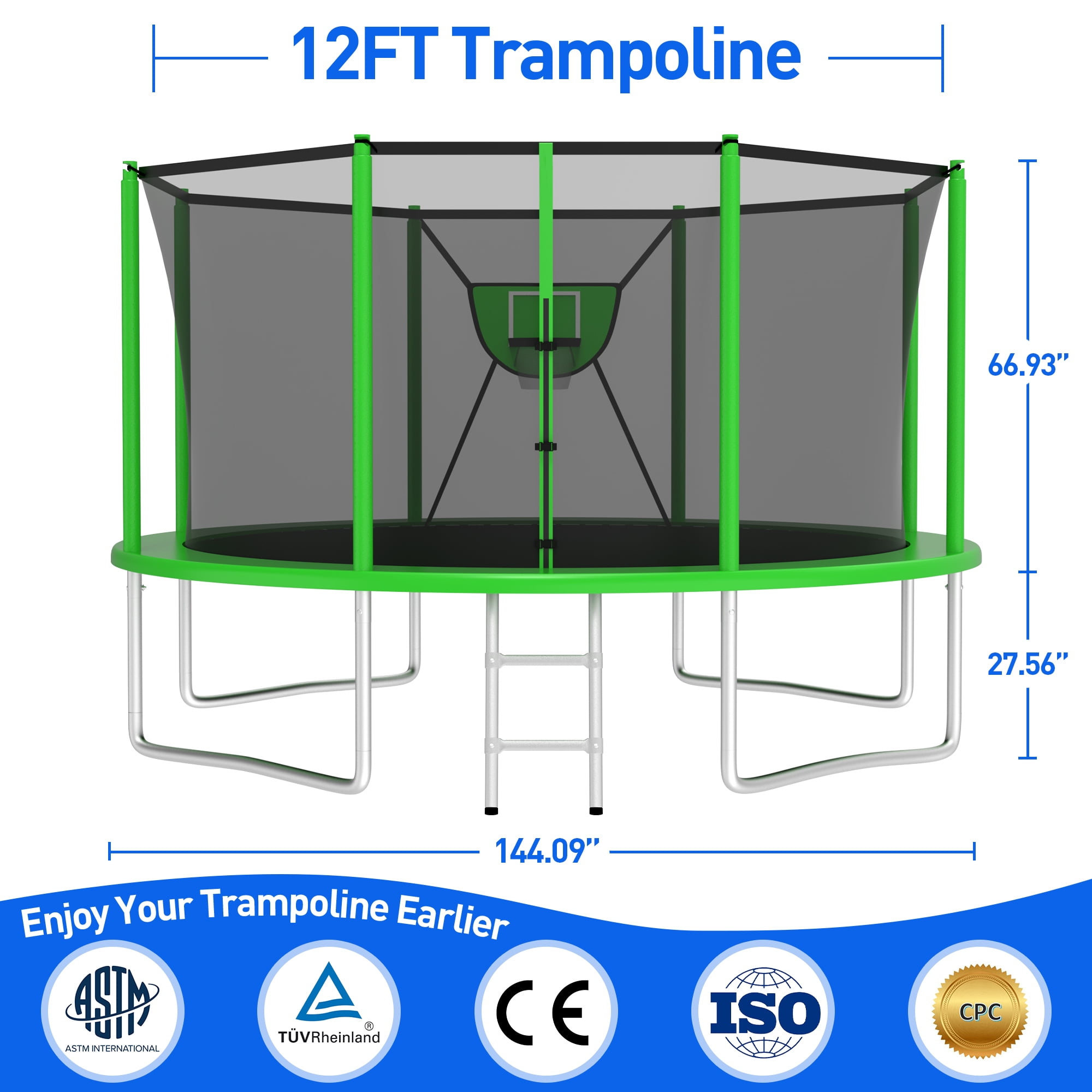 Kacho Trampoline 12FT, 1200LBS Trampoline for Adults Kids, No Gap Desgin Trampoline with Enclosure Net, Basketball Hoop, Ball, Ladder, Outdoor Backyard Trampoline, No Gap Design, Green