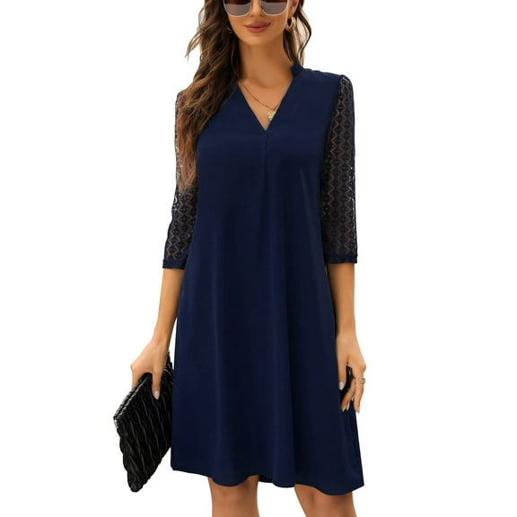 Oyang Women's Tunic Dress Lace 3/4 Sleeve Shift Dress V Neck Casual Work Office Loose Dresses