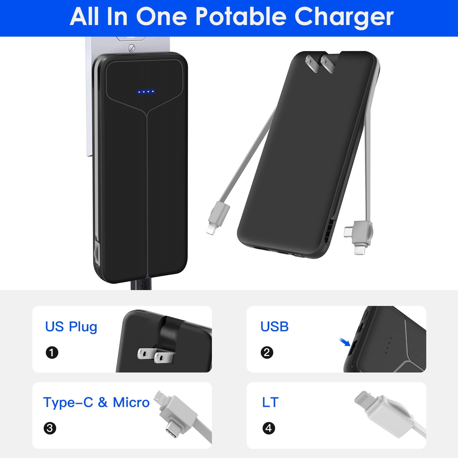 Cell Phone Portable Charger, iMounTEK External Battery Pack with Built-in Cables&AC Wall Plug, 10000mAh Power Bank, Black