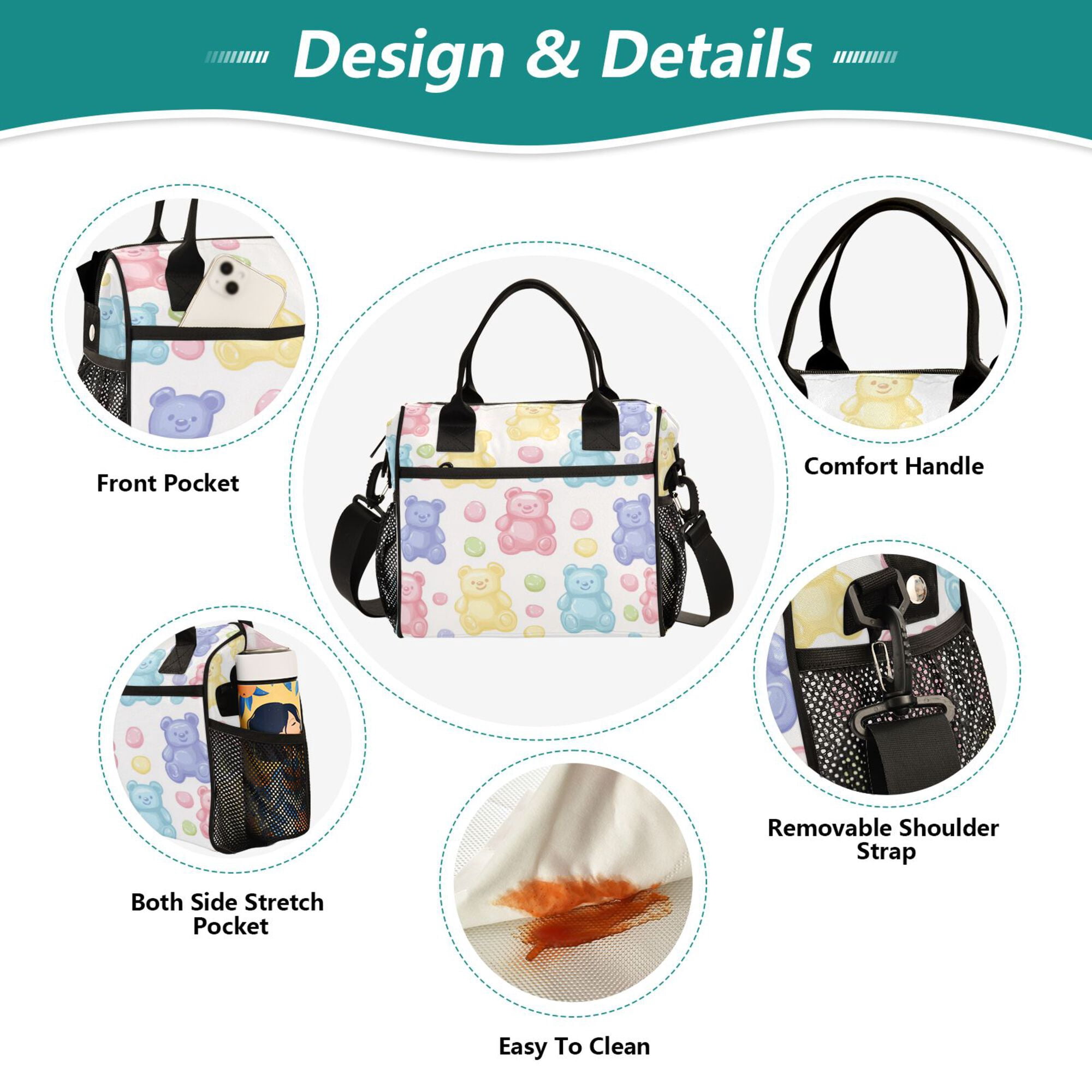 FORMRS Insulated Lunch Bag for Work School Unisex Large Capacity Cooler with Shoulder Strap, Colorful Gummy Bears Pattern