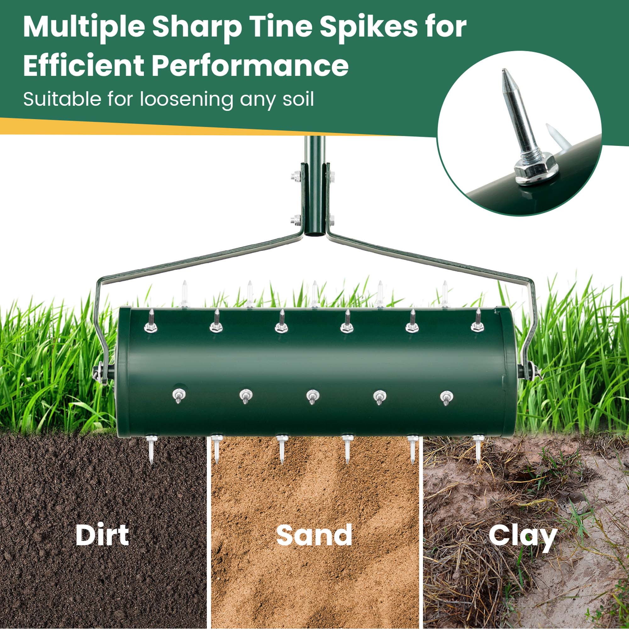 Costway 21" Manual Lawn Aerator Heavy Duty Rolling Push Grass Aeration Tool with Handle Filled with Sand or Stone Green