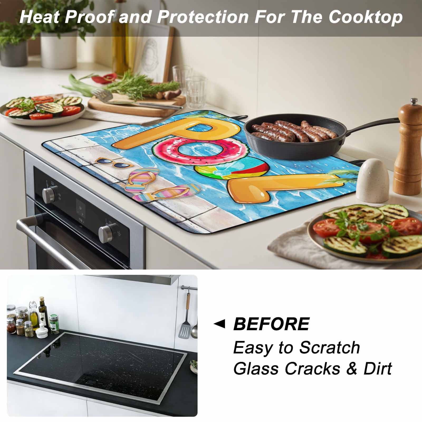 Blue Summer Pool Stove Top Cover for Electric Stove, Heat-proof & Non Slip Glass Top Stove Cover Protector, Watermelon Swimming Ring Slippers Kitchen Flat Cooktop Rubber Mat 24x21 Inches