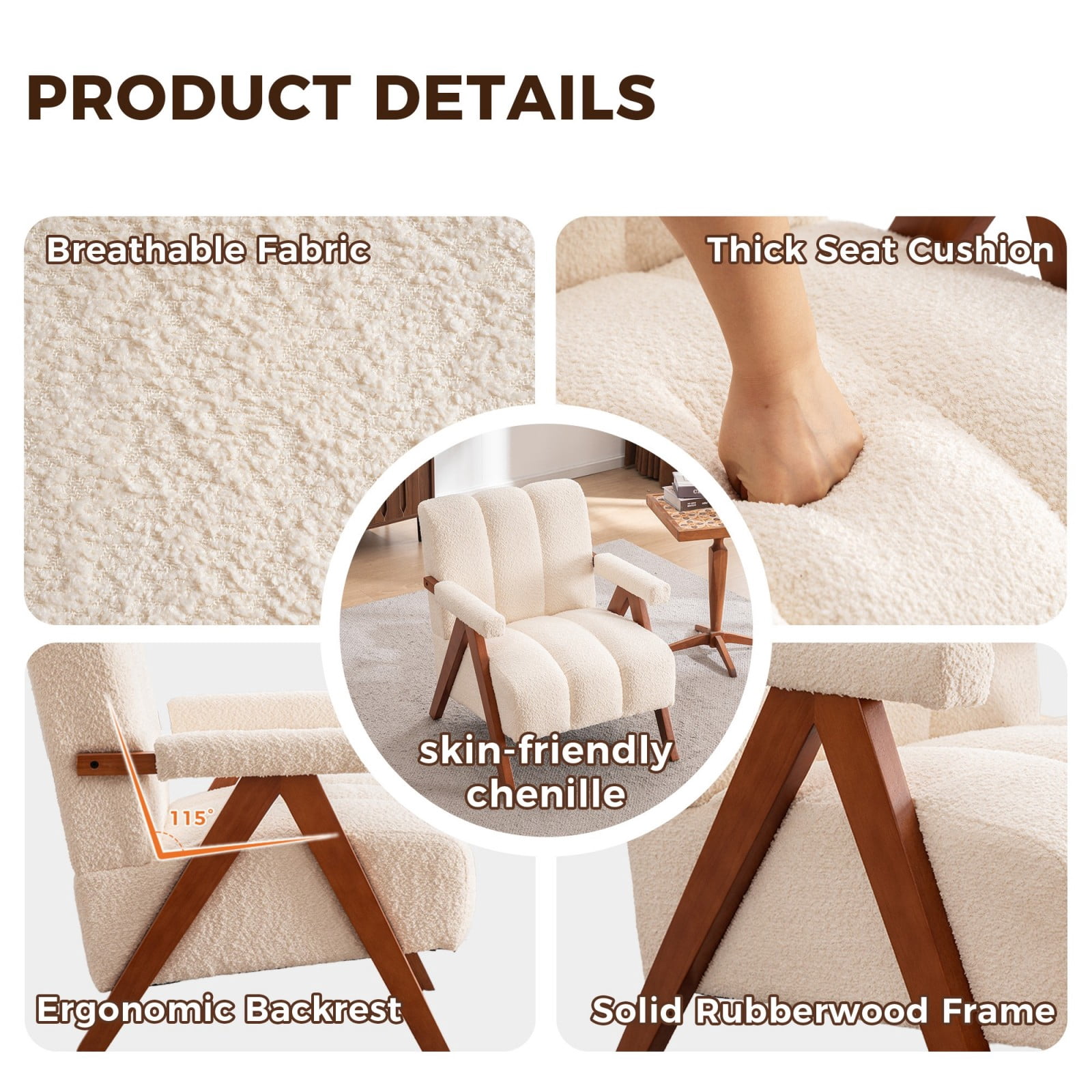 Mid-Century Modern Accent Chair Cloud-Shaped Chenille Lounge Armchair with Solid Oak Wood Frame, Upholstered Reading Chair for Living Room Bedroom Balcony, Beige