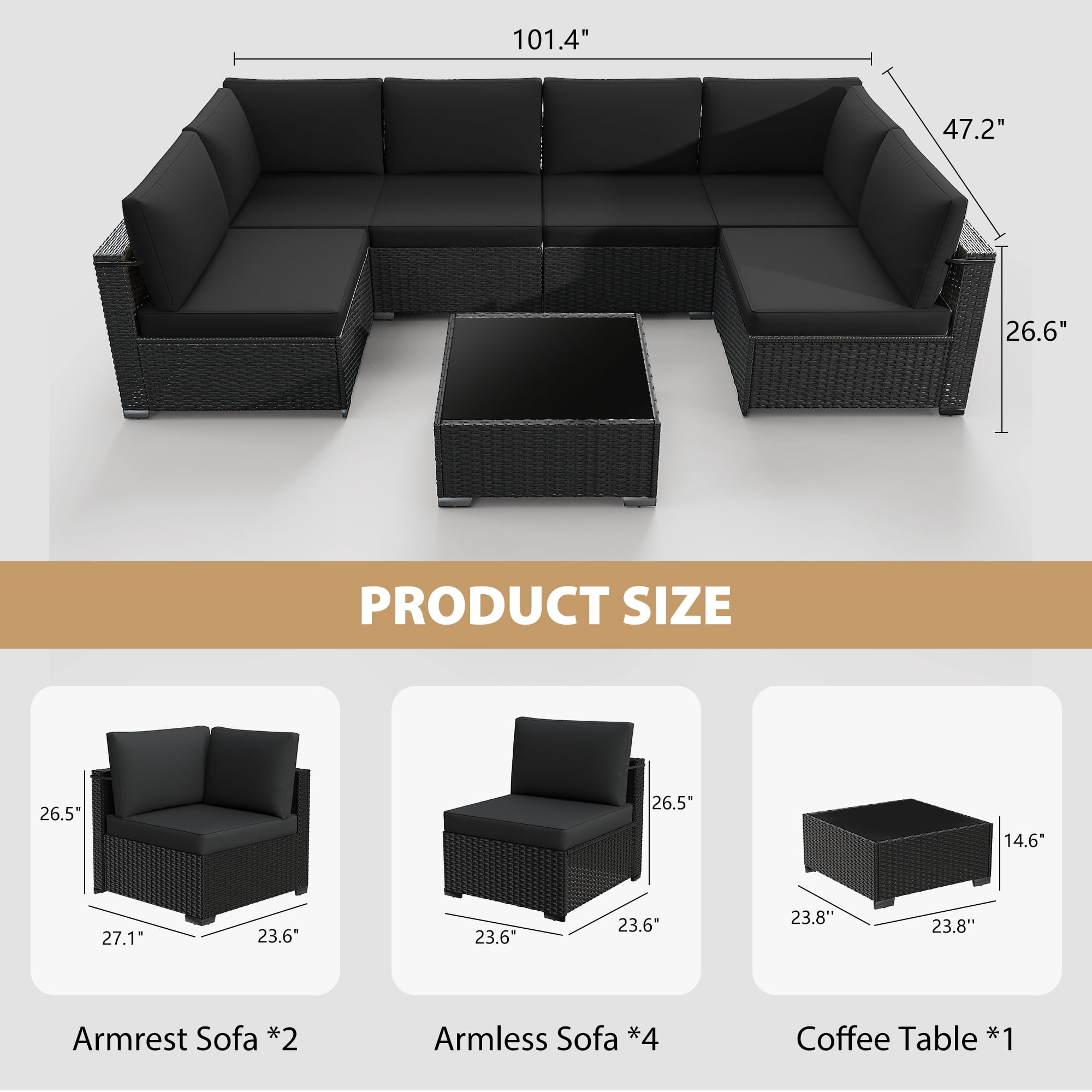 KIGOTY 7 Piece Outdoor Patio Furniture, Wicker Rattan Outdoor Conversation Set Sectional Sofas for Backyard, Garden, Black-Black