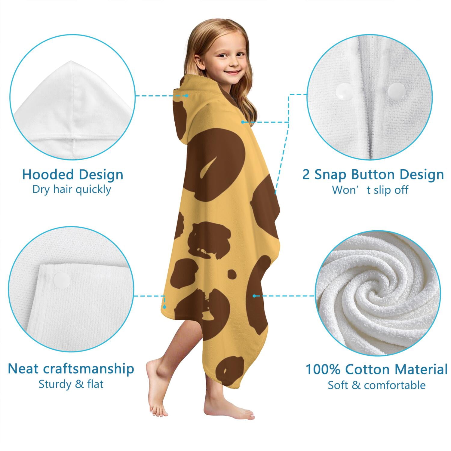 Yellow and Brown Of Leopard Print Hooded Bath Towel，60"x35" for Ages 3 To 12 Kids, Quick Dry Lightweight Soft Microfiber Hood Beach Towel Cover Up for Kids