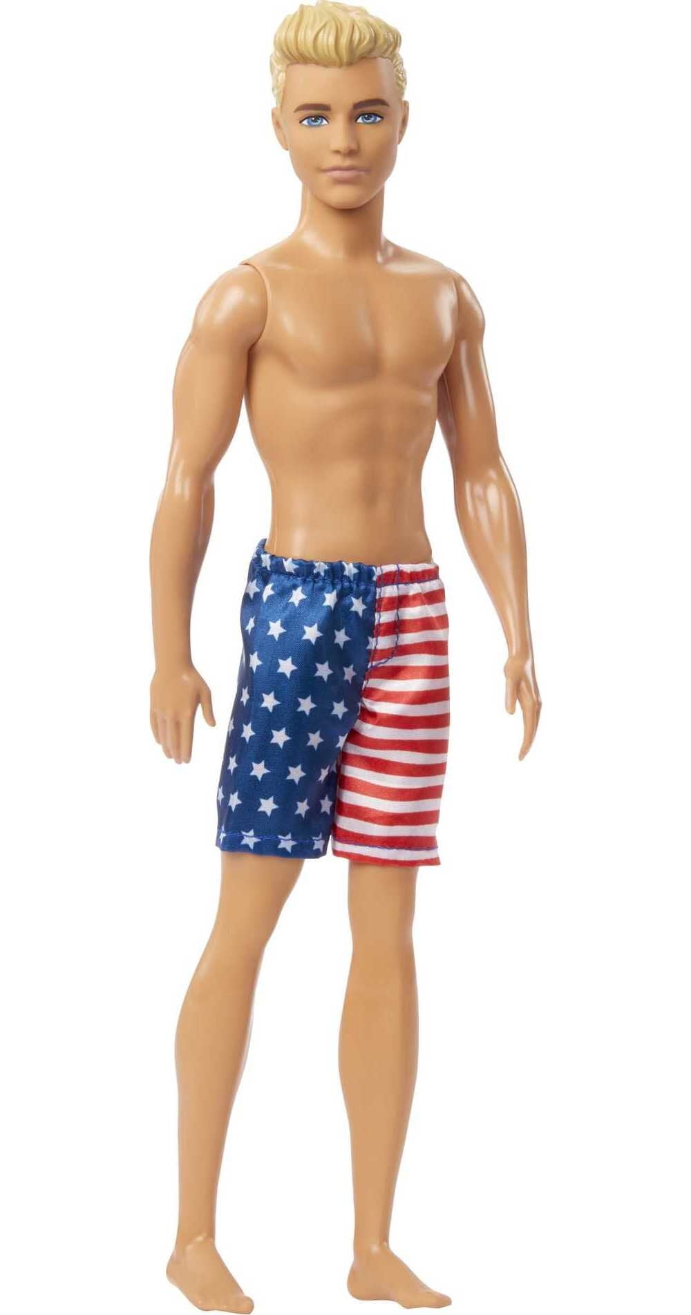 Barbie Flag Beach Ken Dark Blonde Doll with Stars & Stripes Board Shorts Swimsuit
