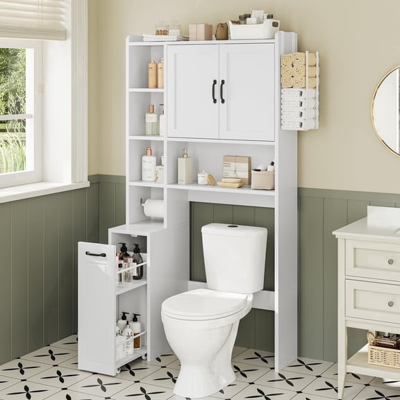 Over The Toilet Storage Cabinet with Pulley, Bathroom Cabinet with Hooks, Adjustable Shelf & Open Shelf, Above Toilet Rack for Restroom, Bathroom, Laundry, White