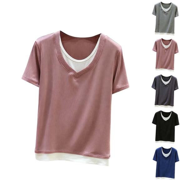 TAGOLD Womens Short Sleeve Round-Neck Blouses & Shirts Ribbed Panel 2 In 1 Casual Summer Top
