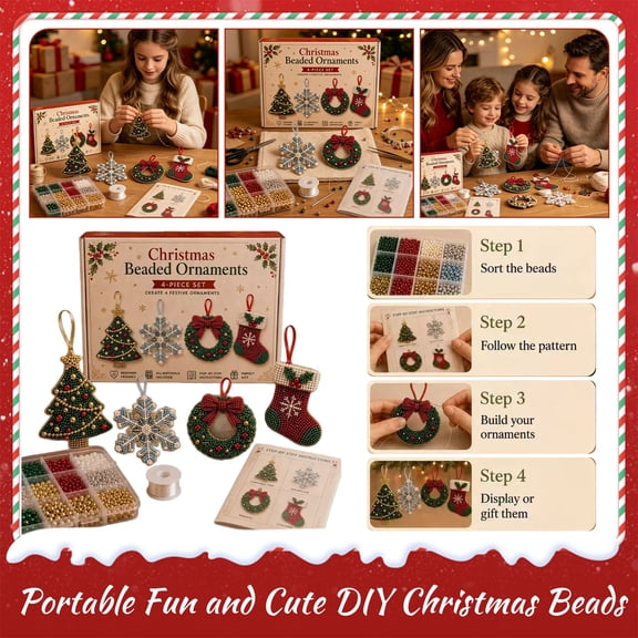 Christmas Bead Diy Ornament Kit, Christmas Crafts for Adults, Craft Kit for Adults, Christmas Tree Decorations, 10X8 Inch 4-Piece Set with All Supplies to Make Beaded Christmas