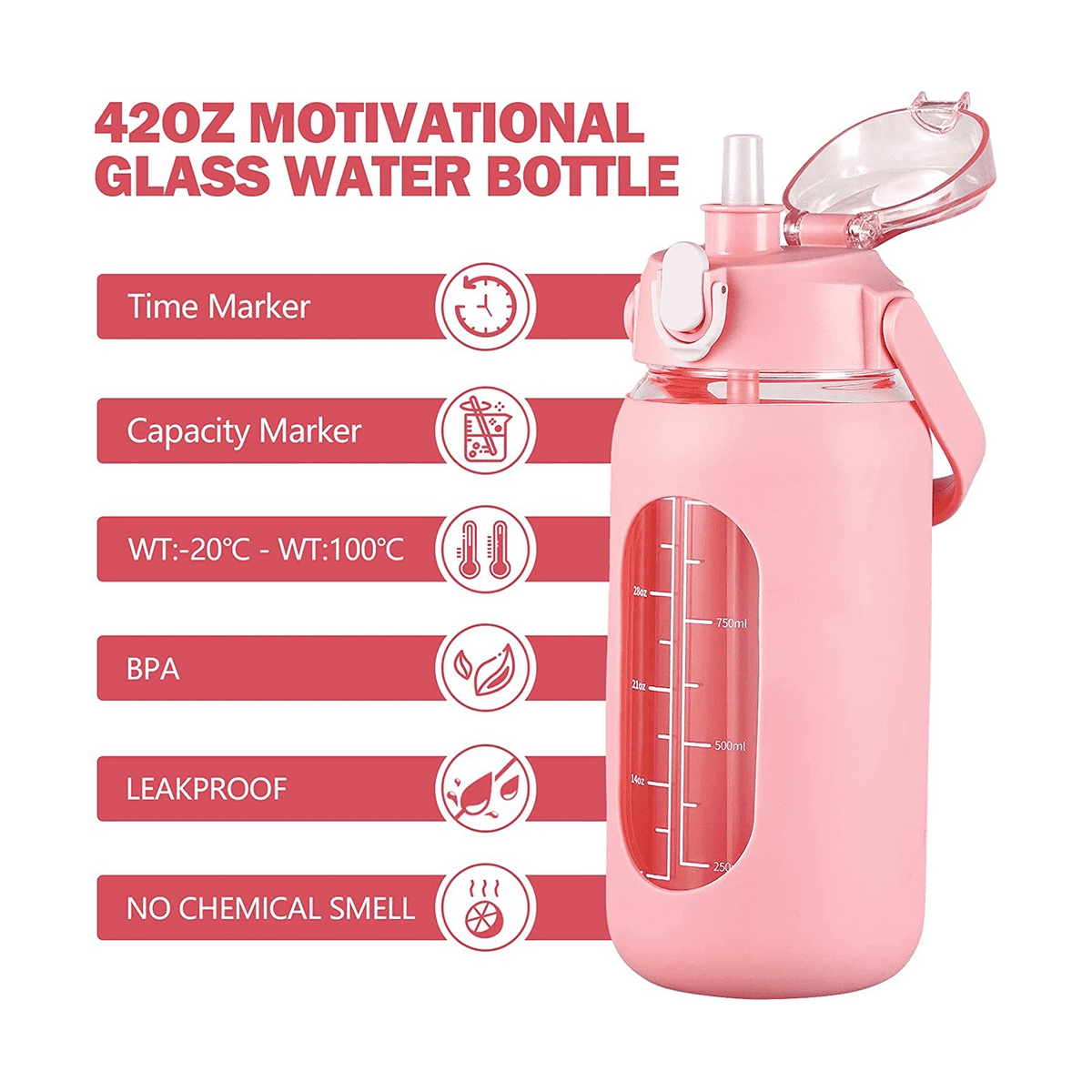 64Oz Glass Water Bottles with Straw, Glass Bottle with Silicone Sleeve and Time Marker, for Gym Home Office