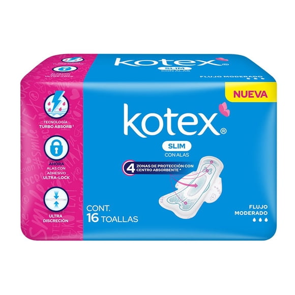 Toallas Femeninas Kotex Slim Con Alas 16 Piezas