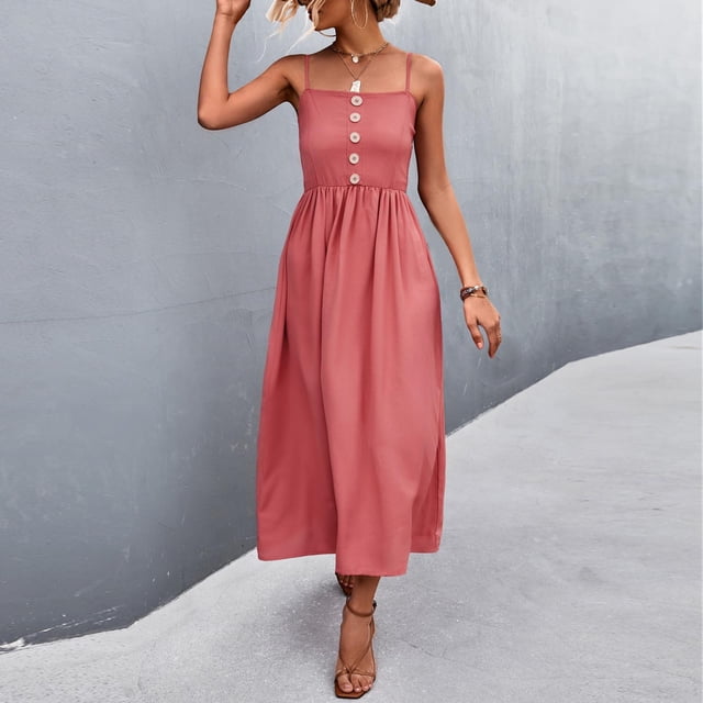 FcBaudy Robe Sans Manches à Col Rond, Robes d'Été pour Femmes, Robes d'Été pour Femmes Robe à Bretelles Boutonnée Robe Longue Décontractée Unie