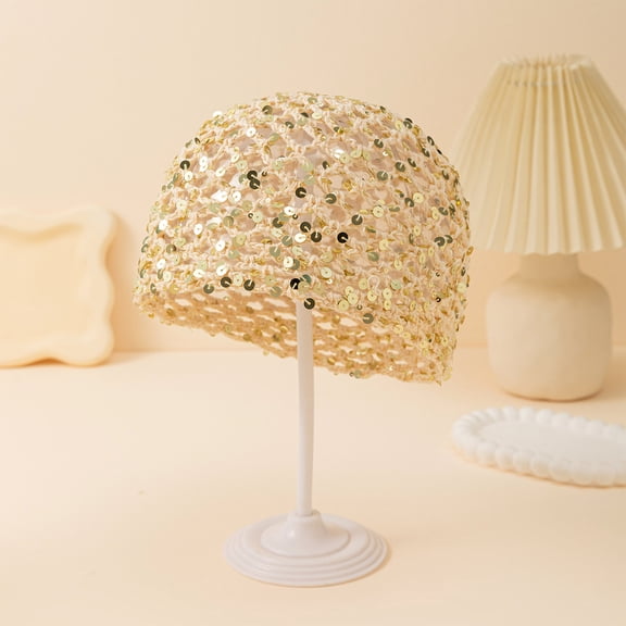 Women's Summer Glitter Sequin Beanie Boho Hollow Out Crochet Hat for Beach Travel Party