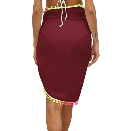 Franhais Women Beach Sarongs  Sexy Sheer Mesh Swimsuit Wrap Skirt Bikini Cover Up with Colorful Pompom Tassel