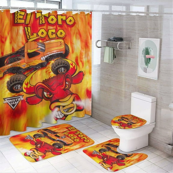El Toro Loco Monster Trucks 4 Pcs Shower Curtain Sets Non-Slip Rugs Bath Mat Toilet Cover U Shaped Mat for Bathroom Decor Mats