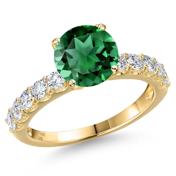 Gem Stone King 14K Yellow Gold Green Nano Emerald and Lab Grown Diamond Engagement Ring for Women | 2.30 Cttw | Round 8MM | Gemstone May Birthstone | Size 7