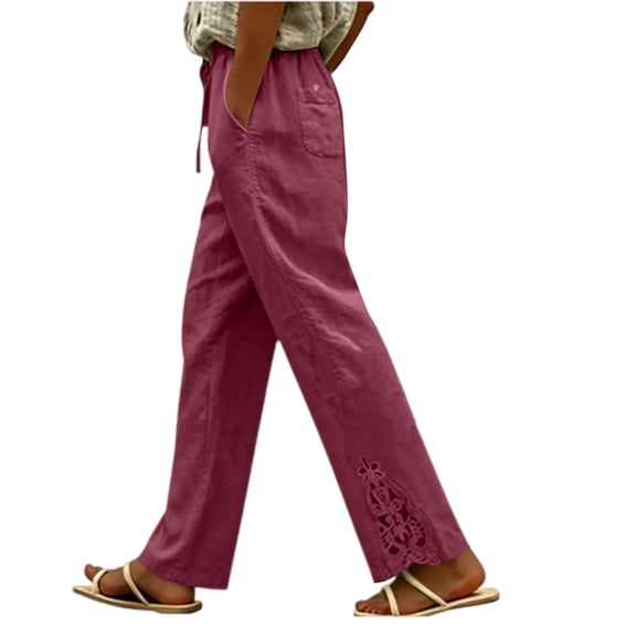 hoksml Women Drawstring Elastic Waist Straight Cotton Pants Eyelet Embroidery Cutout Ankle Loose Trousers for Daily Wear