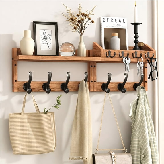 Bohorizon Coat Rack Wall Mount with Shelf, 4 in 1 Wall Mounted Coat Rack and Key Hanger, 29.0"x8"x4.5", Pack of 1, Natural Wood