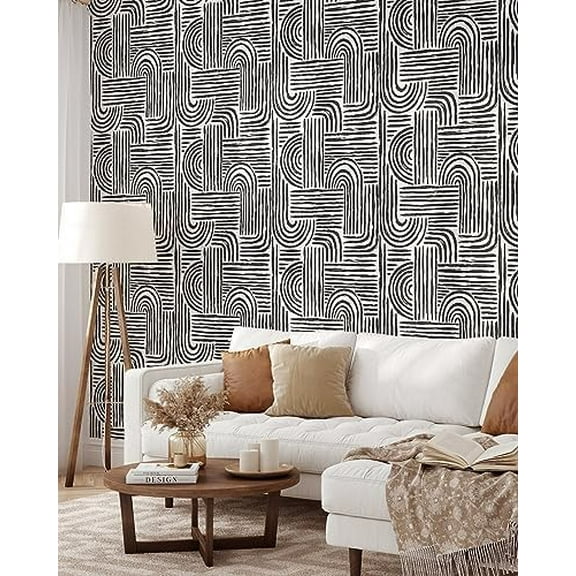 Aesthetic Modern Peel and Stick Wallpaper | Removable Self Adhesive Geometric Black and White Wallpaper | Mid Century Boho Lines Wallpaper (1 roll 24" W x 84" H)