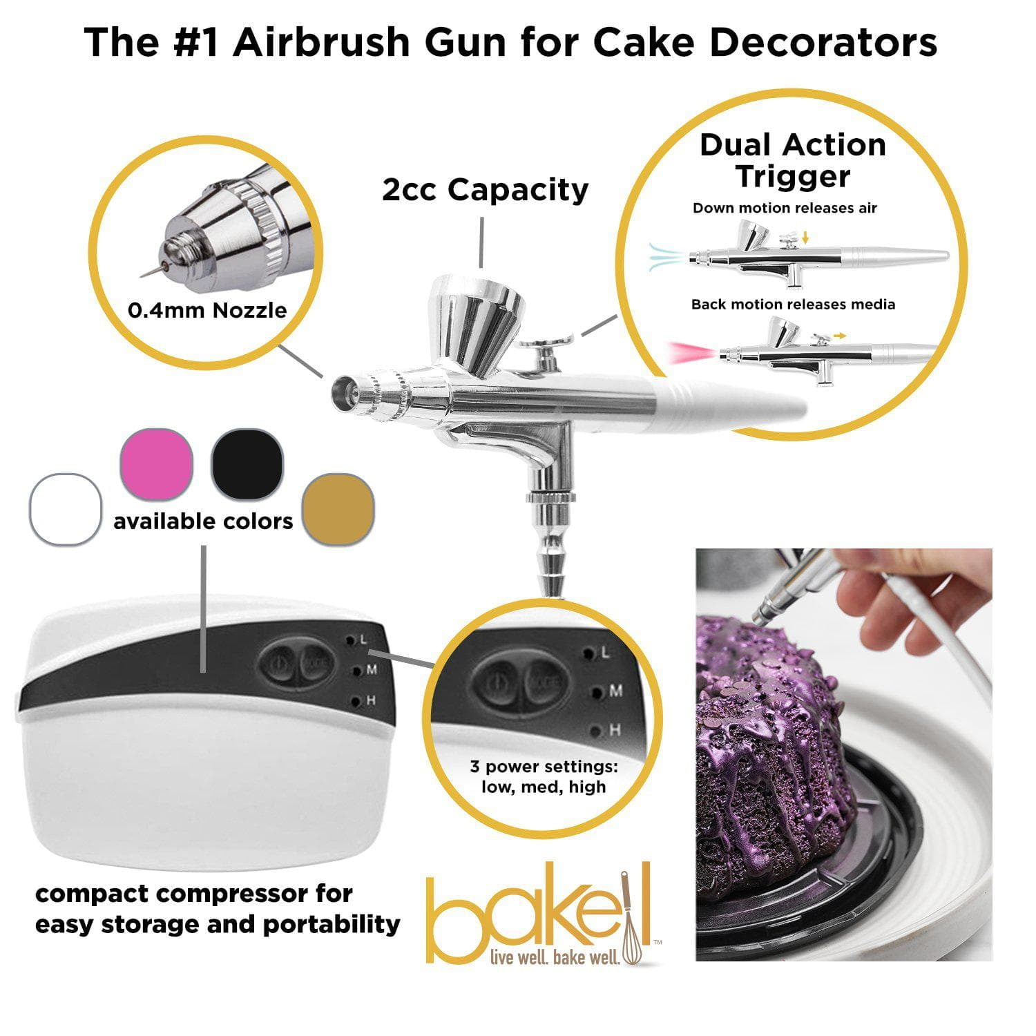 Bakell - Professional Series Airbrush Gun Kit (Classic Black) Including Four, 4g Jars of Luster Dust for Cake Decorating, Art and Crafting!