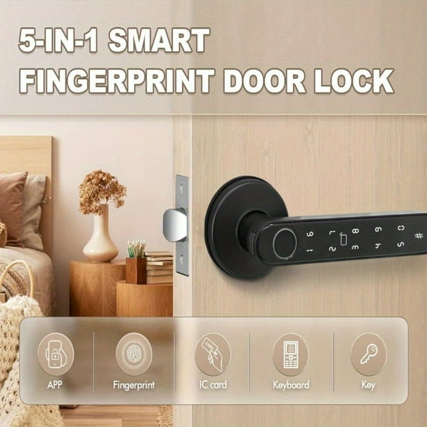 Cerradura de puerta inteligente 5-en-1 huella digital biométrica / cerradura de entrada sin llave con APP / tarjeta de IC / contraseña / entrada de llave, Cerradura de aleación de zinc pesada.